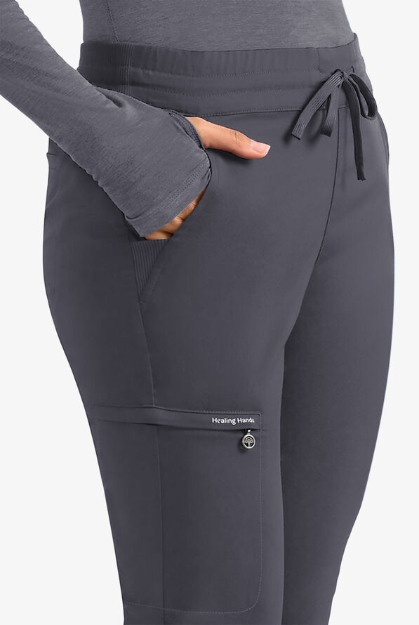 Healing Hands Purple Label Women's 6-Pocket STRETCH Flare Leg Drawstring Scrub Pants - Pewter - 2