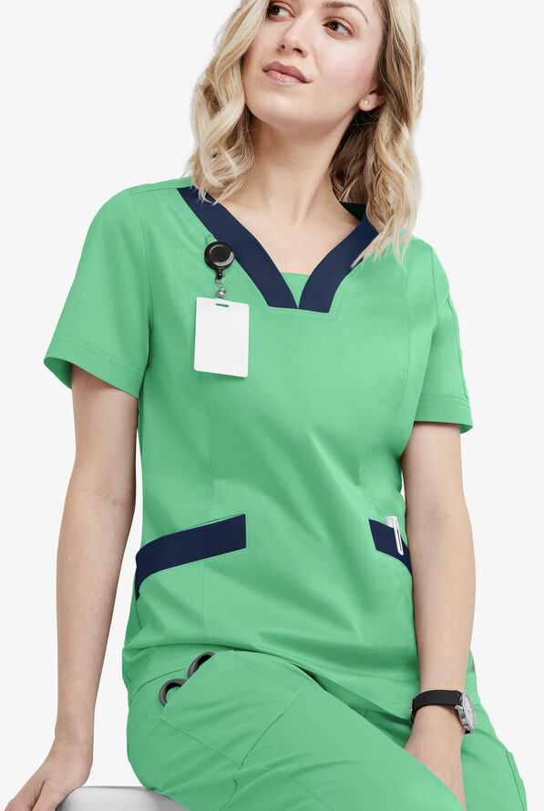 Butter-Soft STRETCH Women's 4-Pocket Feminine Curved V-Neck Scrub Top - Green Jade/Navy - 4