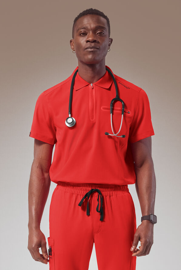 Hypothesis (RED) Alpha System Men’s 1-Pocket Zip Placket Polo Scrub Top - (Red) - 1