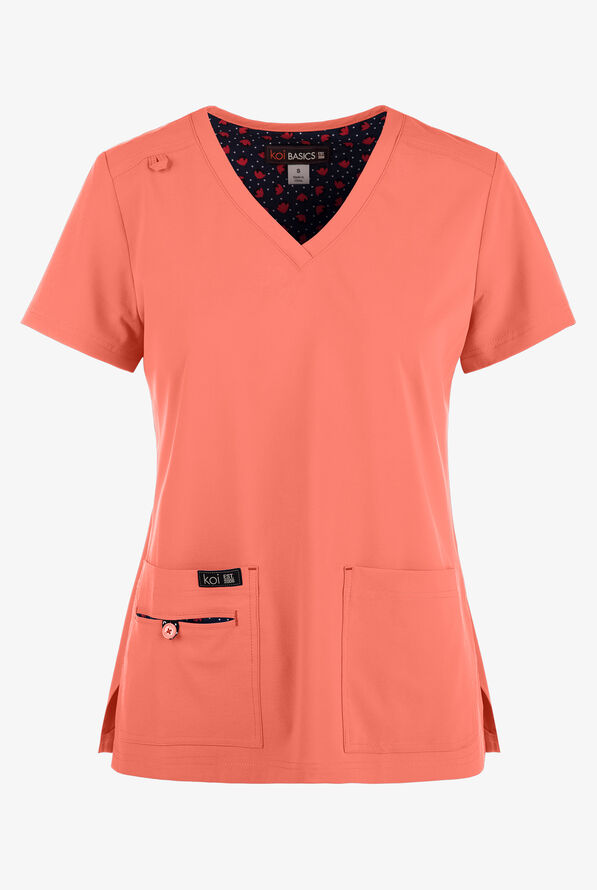 koi Basics Becca Women's 4-Pocket STRETCH V-Neck Scrub Top - Coral - 1