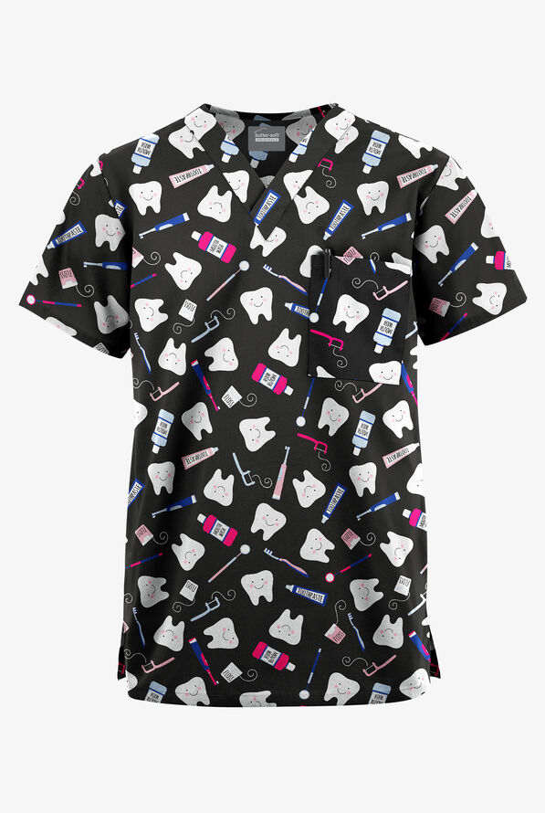 Butter-Soft Originals Happy Smile Unisex 2-Pocket V-Neck Print Scrub Top - null - 1