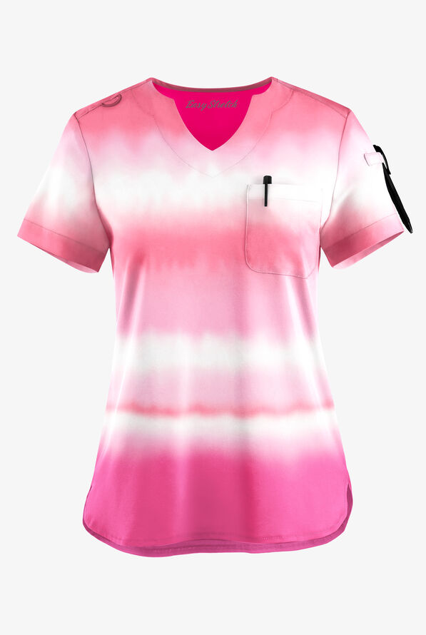 Easy Stretch Waterfall Stripe Women's 1-Pocket Scallop Neck Tuck-In Print Scrub Top - null - 1