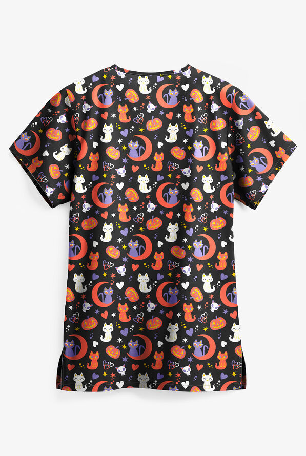 UA Halloween Kitties Black Printed Women's 3-Pocket V-Neck Scrub Top - null - 2