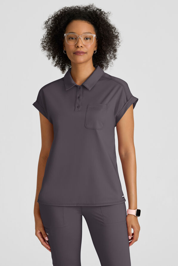 Grey's Anatomy by Barco Knit STRETCH Renew Women's 1-Pocket Dolman Sleeve Polo Scrub Top - Steel Gray - 2