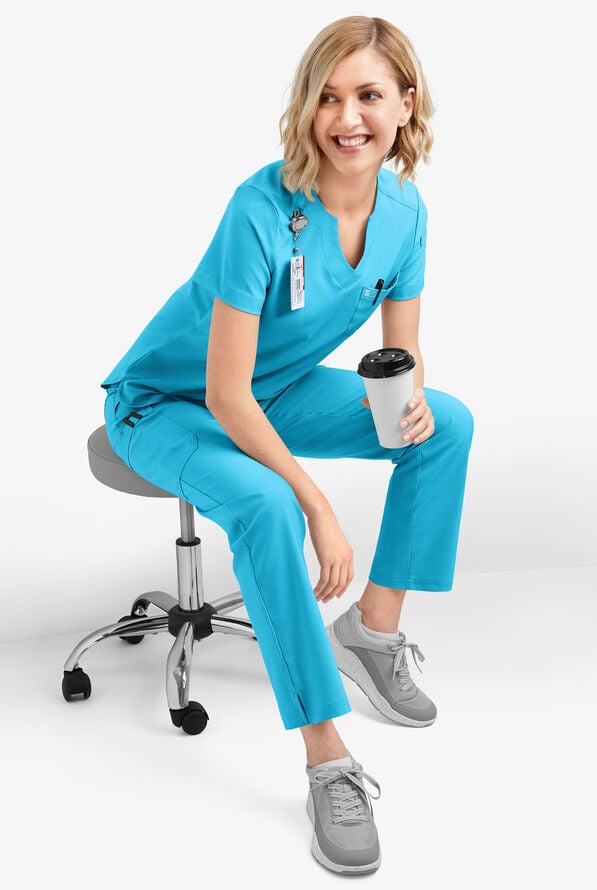 Easy STRETCH Nikki Women's 1-Pocket Scallop Neck Tuck-In Scrub Top - Turquoise - 8