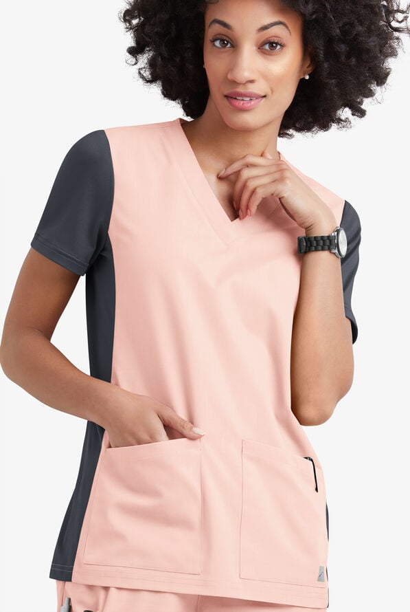Butter-Soft Core Women's 3-Pocket Knit Panel V-Neck Scrub Top - Lotus/Pewter - 2
