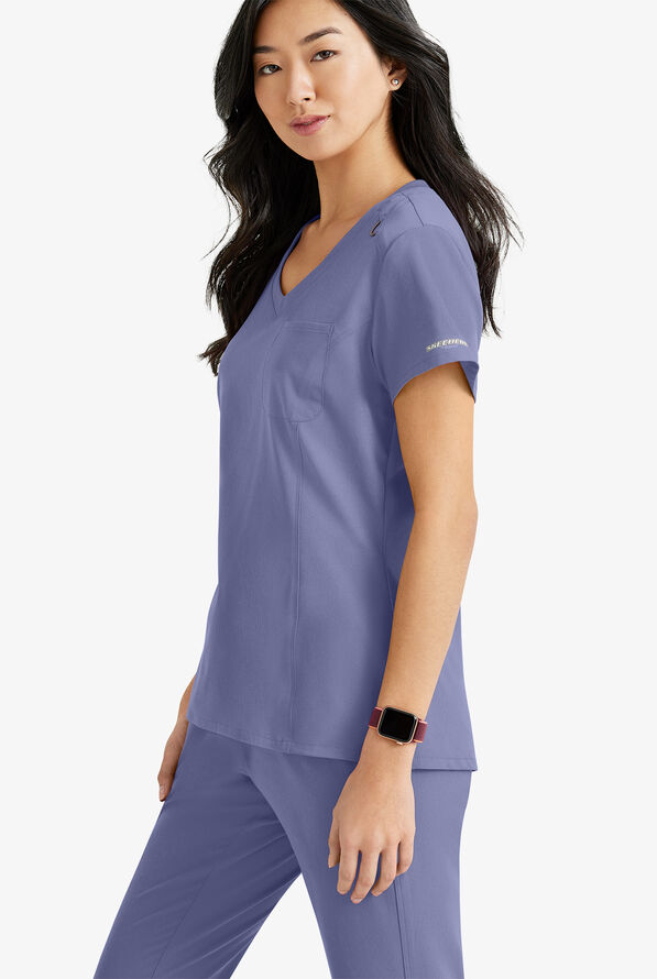Skechers by Barco Dignity Women's 1-Pocket STRETCH Tuck In V-Neck Scrub Top - Ceil Blue - 4