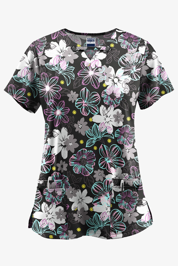Strictly Scrubs STRETCH Floral Mirage Women's 4-Pocket Grommet Neck Print Scrub Top - null - 1