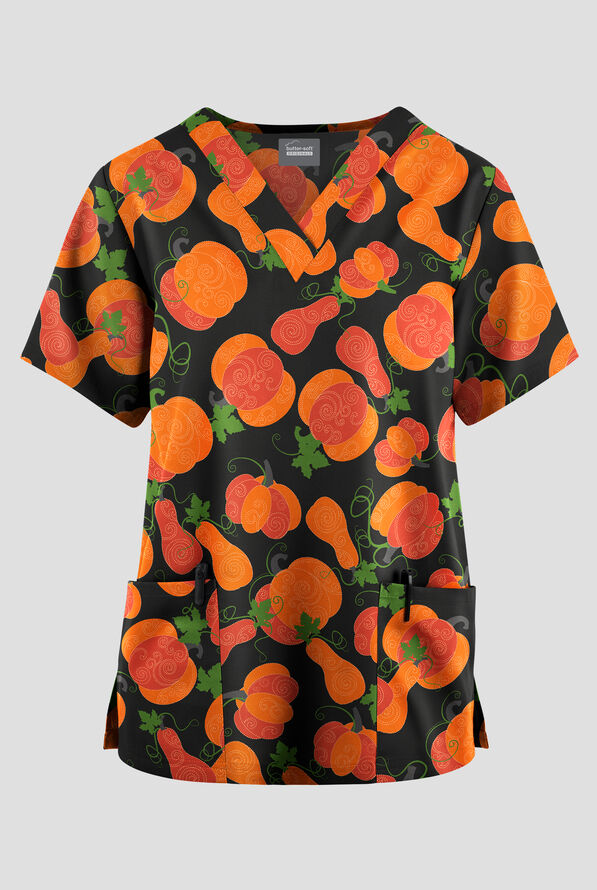 Butter-Soft Originals Deco Pumpkins Women's 2-Pocket V-Neck Print Scrub Top - null - 1