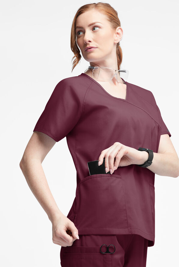 Butter-Soft Originals Women's 3-Pocket Mock Wrap Raglan Sleeve Scrub Top - Wine - 2