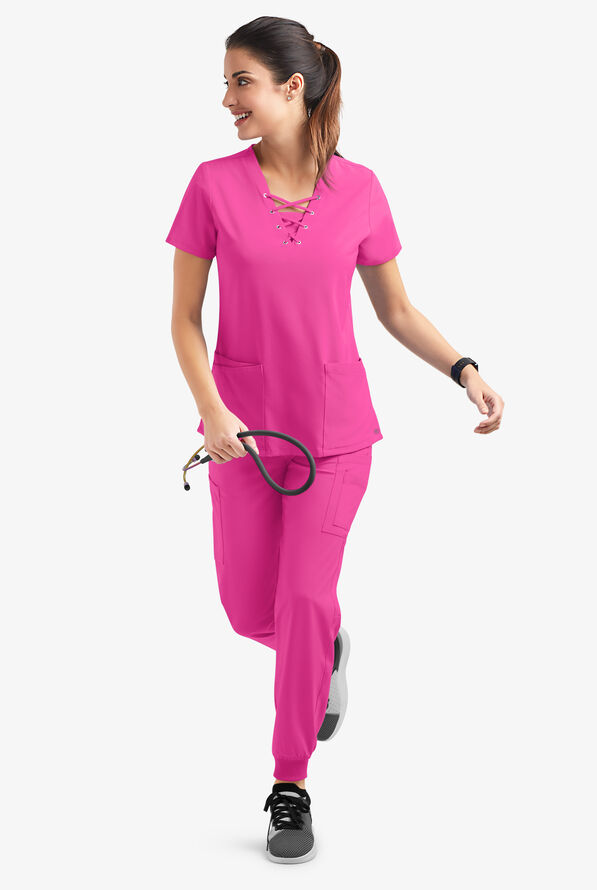 Easy STRETCH Gisele Women's 4-Pocket Lace Up V-Neck Scrub Top - Glam Pink - 6