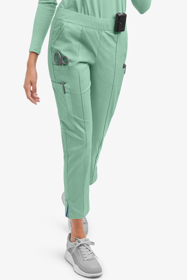 Butter-Soft STRETCH Women's 6-Pocket Pin-Tuck Crop Slim with Sport Trim Detail Scrub Pants - Water Mint/Silver Melange - 1