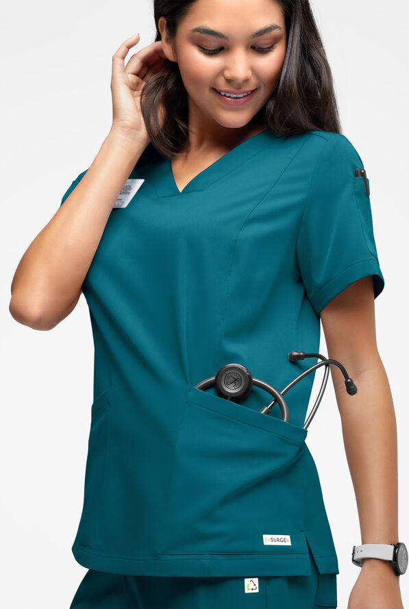 ReSurge Ruby Women's 5-Pocket Curved V-Neck Top - Caribbean Blue - 1