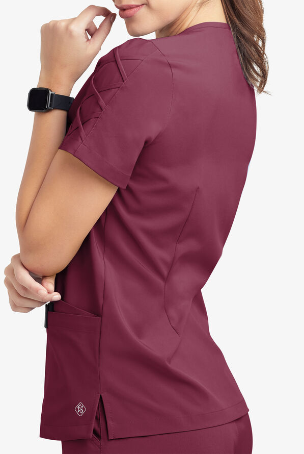 Easy STRETCH Kylie Woman's 5 Pocket V-Neck With Criss-Cross Detail Scrub Top - Wine - 7