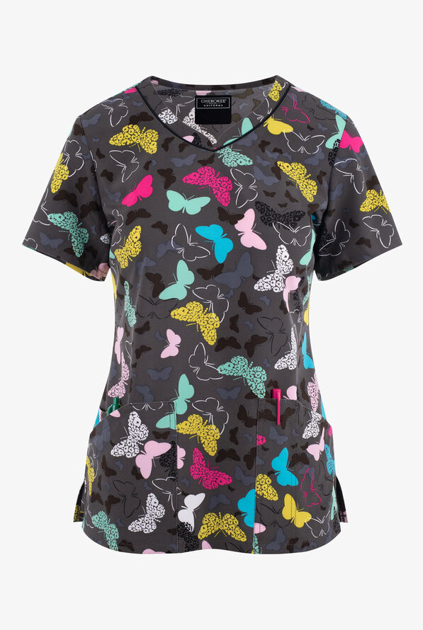 Cherokee Genuine Wing It Up Butterfly  Women's 3-Pocket STRETCH V-Neck Print Scrub Top - null - 1