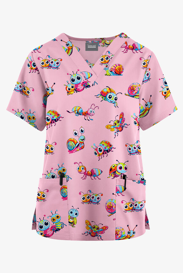 Blusa m&eacute;dica estampada Butter-Soft Originals Bug Parade Blush con cuello en V y 2 bolsillos para mujer - null - 1