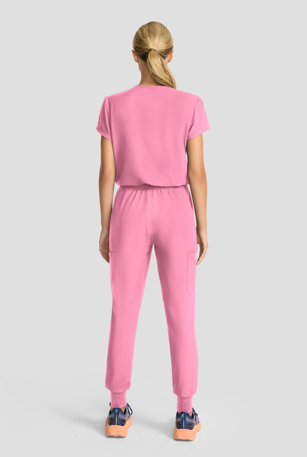 Med Couture Insight Women's 4-Pocket Zip Front Drawstring Waist Scrub Jumpsuit - Taffy Pink - 3