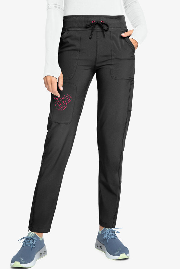 Cherokee Infinity Women's 6-Pocket STRETCH Mickey Laser Cut Tapered Leg Cargo Scrub Pants - Black/Carmine Pink - 1