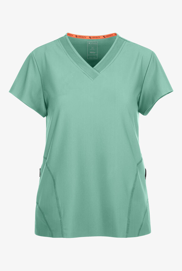 Infinity GNR8 Kinetic Knit Women's 2-Pocket STRETCH Mesh Overlay V-Neck Scrub Top - Matcha Latte - 1