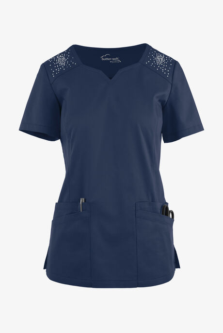 Butter-Soft STRETCH Women's 6-Pocket Crystal Bling Scrub Top