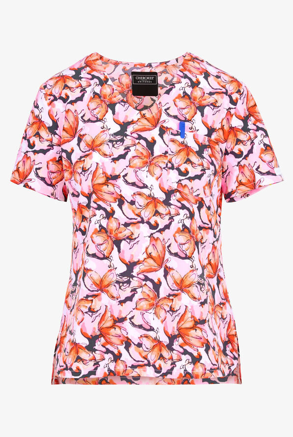 Cherokee Active Butterfly Women's 1-Pocket STRETCH V-Neck Print Scrub Top - null - 1