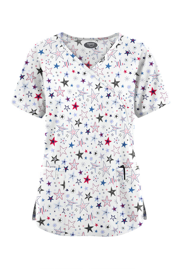 Happy Scrubs Summer Starburst Women's 3-Pocket Mock Wrap With Ties Print Scrub Top - null - 1