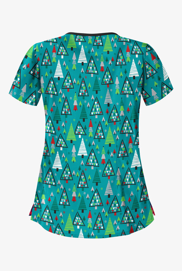 Butter-Soft X-Mas Park Teal Women's 4-Pocket Asymmetrical Neck Print Scrub Top - null - 2