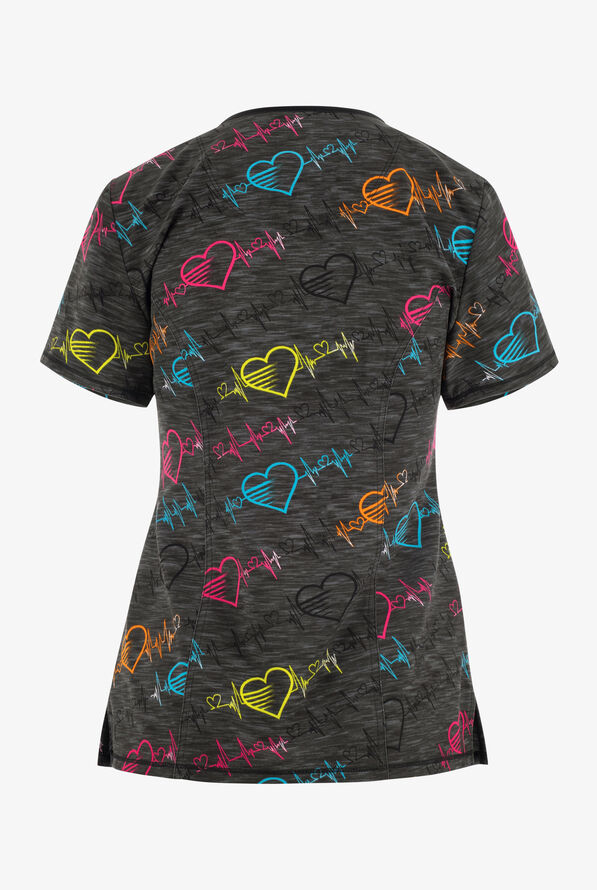 Infinity Pop Beats EKG Hearts Women's 3-Pocket STRETCH V-Neck Print Scrub Top - null - 2