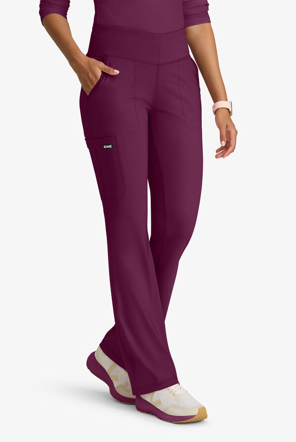Grey's Anatomy by Barco Knit STRETCH Swift Women's 5-Pocket Fit & Flare Cargo Scrub Pants - Petite - Wine - 1