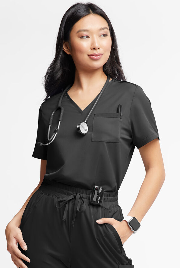 WhisperLite Zora Women's 2-Pocket Stretch V-Neck Tuck-in Scrub Top - Black - 1