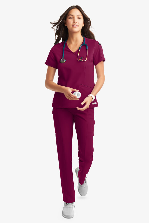 Butter-Soft Women's 5-Pockets Faux Wrap Scrub Top **Slightly IRREGULAR** - Wine - 1