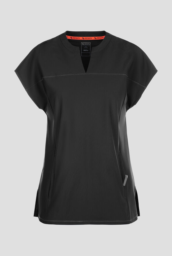Infinity GNR8 Kinetic Knit Women's 3-Pocket STRETCH Dolman Tunic Rounded Notch Neck Scrub Top - Black - 1