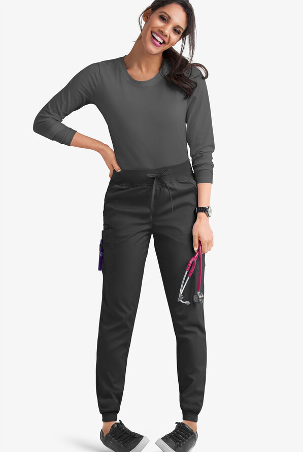 Butter-Soft STRETCH Women's 5-Pocket Cargo Jogger Scrub Pants - Petite - Black - 2
