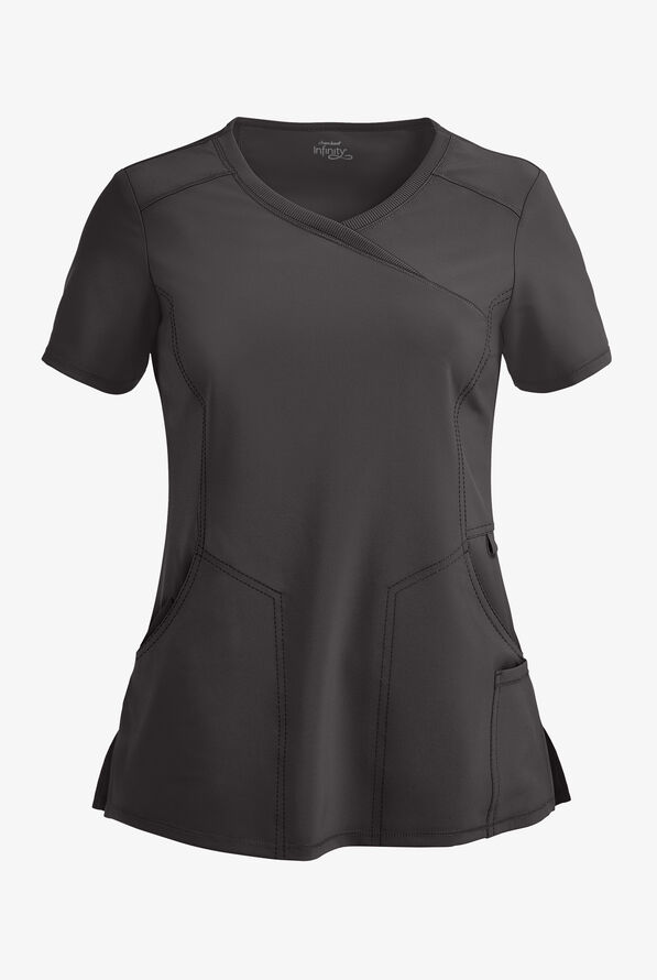 Infinity Women's 4-Pocket STRETCH Mock Wrap Scrub Top - Pewter - 1