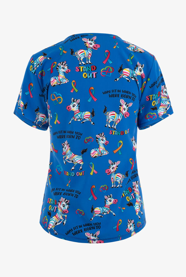 Cherokee Genuine Autism Born To Stand Out Women's 2-Pocket STRETCH V-Neck Print Scrub Top - null - 2