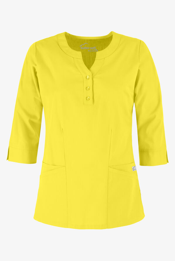 Blusa m&eacute;dica mangas 3/4 Butter-Soft STRETCH con cuello redondo y 4 bolsillos para mujer - Bright Daffodil - 1