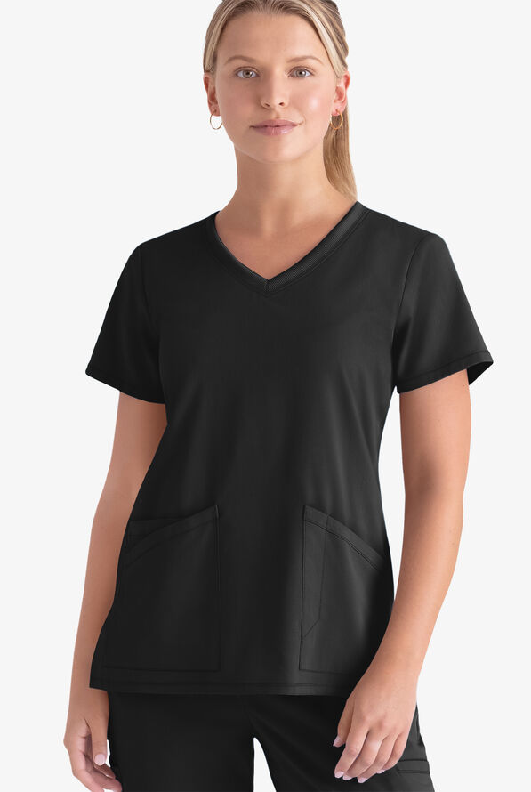 Grey's Anatomy by Barco Spandex STRETCH Serena Women's 3-Pocket V-Neck Scrub Top - Black - 2
