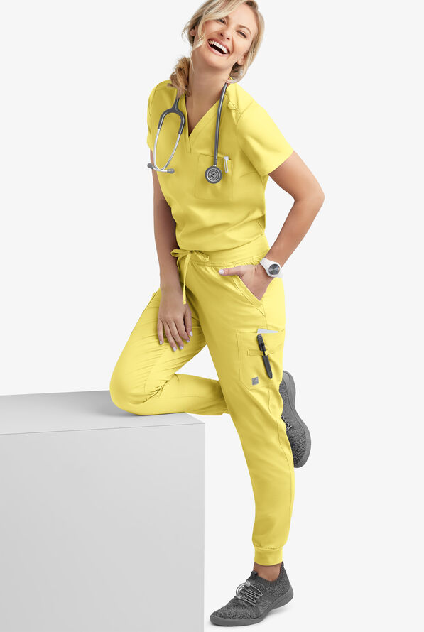Blusa m&eacute;dica Butter-Soft STRETCH con cuello en V y 2 bolsillos para mujer - Lemon Sherbet - 2