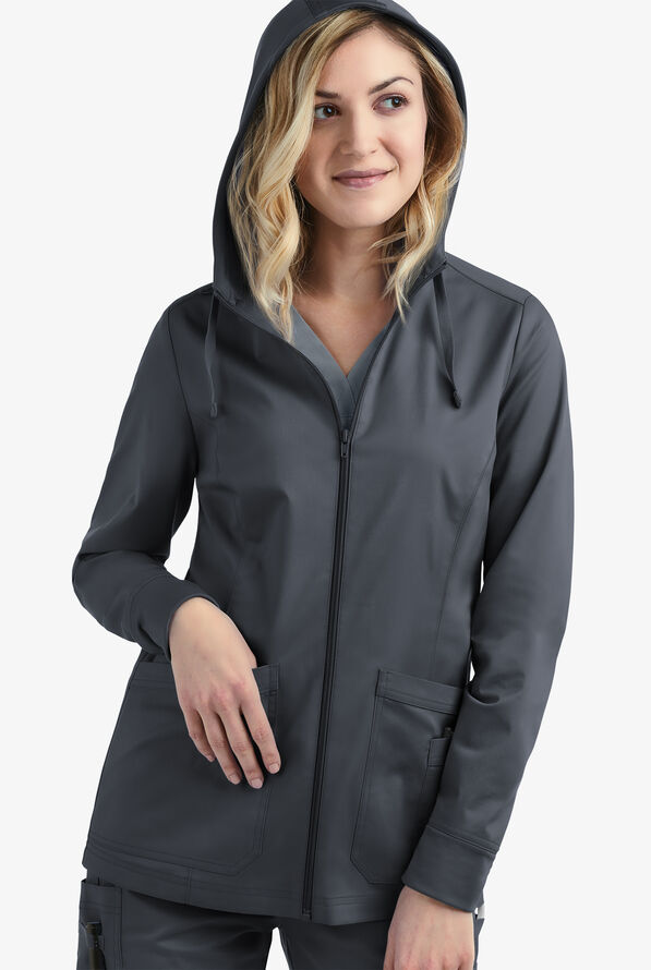 Butter-Soft STRETCH Women's 3-Pocket Zip-Front with Cozy Knit Hood and Trim Scrub Jacket - Pewter - 3