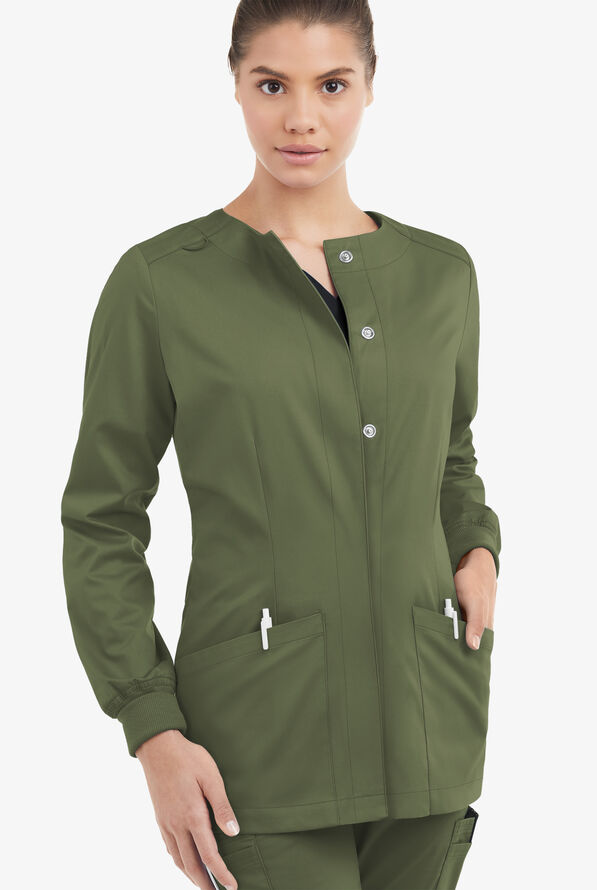 Butter-Soft STRETCH Women's 2-Pocket Long Sleeve Snap Front Scrub Jacket - Light Olive - 2