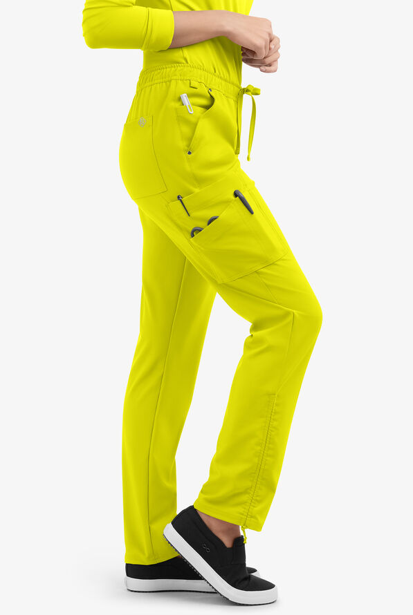 Easy STRETCH Halle Women's 11-Pocket Ruched Leg Jogger Scrub Pants - Petite - Cyber Lime - 2