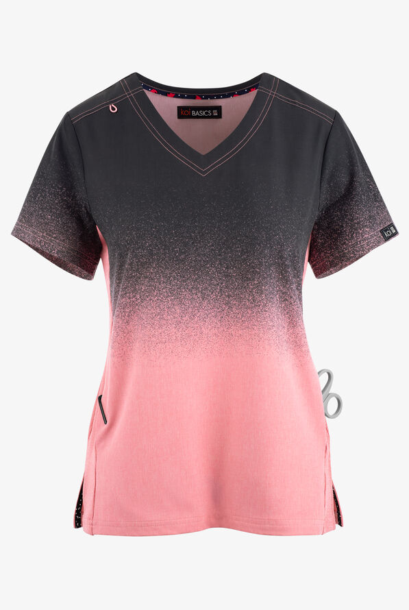 koi Basics Charcoal/Heather Soft Pink Ombre Women's 2-Pocket STRETCH V-Neck Print Scrub Top - null - 1