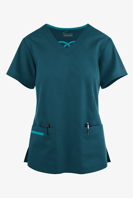Blusa médica Butter-Soft Originals con cuello entrecruzado en contraste y 3 bolsillos para mujer