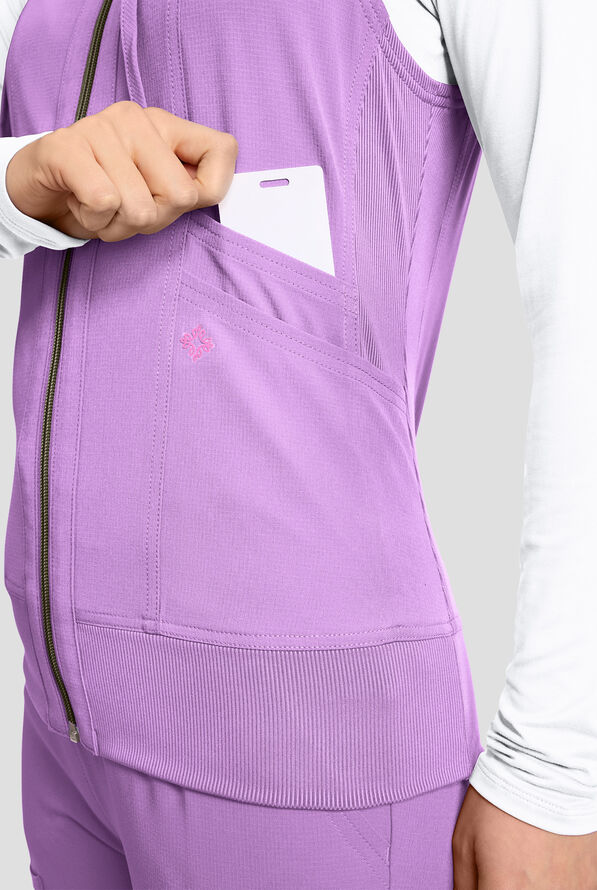 Med Couture Amp Women's 4-Pocket STRETCH Zip Front Removable Hoodie Scrub Vest - Digital Lavendar - 3