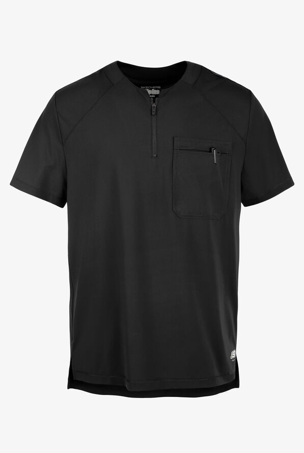 Skechers by Barco Slip-ins Flex Men's 1-Pocket STRETCH Tuck In Zipper Round Neck Scrub Top - Black - 1