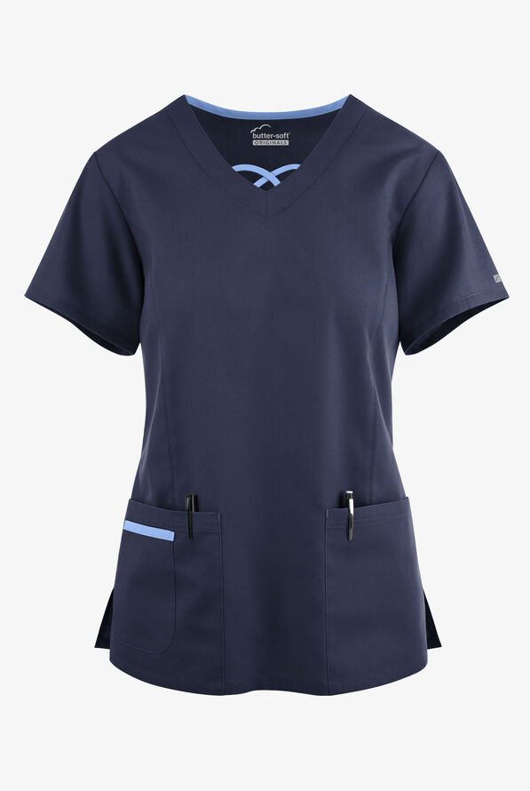 Blusa médica Butter-Soft Originals con cuello entrecruzado en contraste y 3 bolsillos para mujer - Navy/Ceil - 1