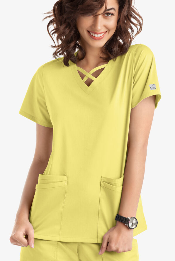 Blusa m&eacute;dica UA Butter-Soft STRETCH con lazos entrecruzados y 4 bolsillos para mujer - Lemon Sherbet - 2
