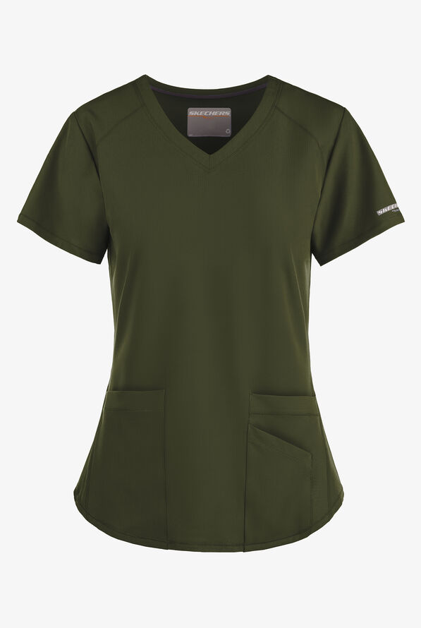 Skechers by Barco Breeze Women's 3-Pocket STRETCH V-Neck Scrub Top - Olive - 1