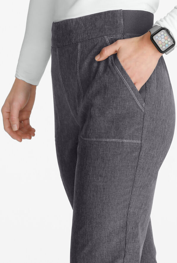 Cherokee Collection Women's 4-Pocket STRETCH Flat Front Rib-Knit Back Waist Cargo Scrub Pants - Heather Pewter - 2