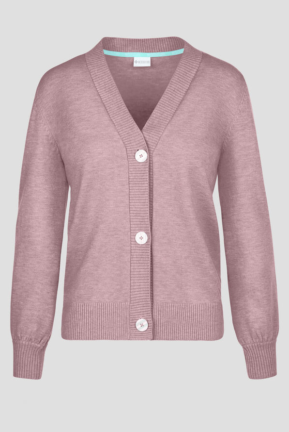 Med Couture Layers Women's Button Front Balloon Sleeve Knit Scrub Cardigan - Heather Orchid - 1